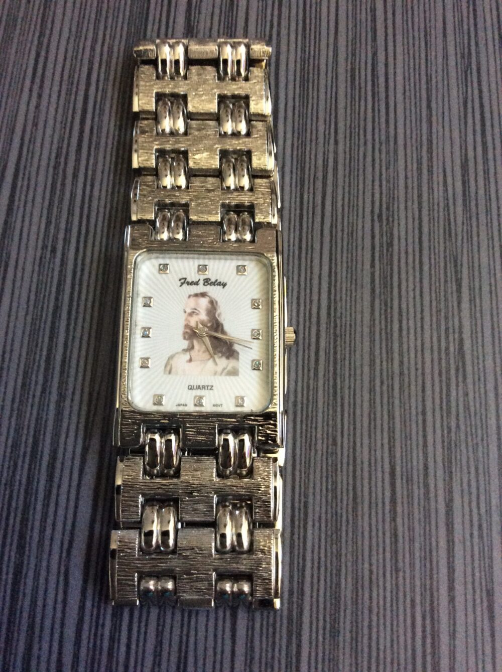 Men's Religious Silver Watch Rectangle Sunray White Dial Image Jesus Crystal Hours On Linked Band Vintage Un-Used New/Old Stock