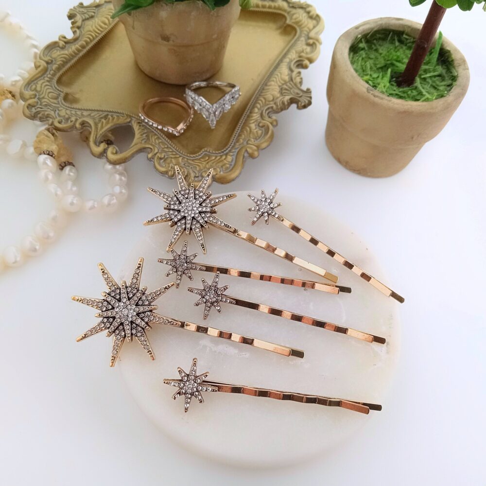 Star Hair Pins, Gold Wedding Bobby Crystal Rhinestone Clips, Stars Bridal Pin, Celestial Antique Pin