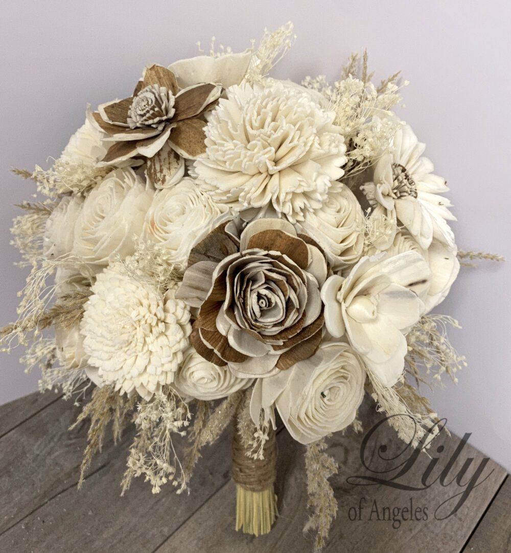 Wedding Bouquet, Bridal Bridesmaid Sola Flower, Wooden Ivory, Cream, Rustic, Boho, Lily Of Angeles