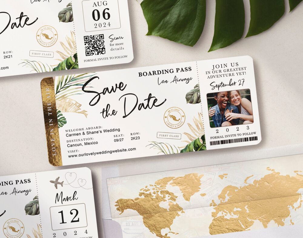 Destination Wedding Boarding Pass Save The Date Invitation Photo Tropical Green Leaves Travel Theme Real Gold Foil Available Luckyladypaper