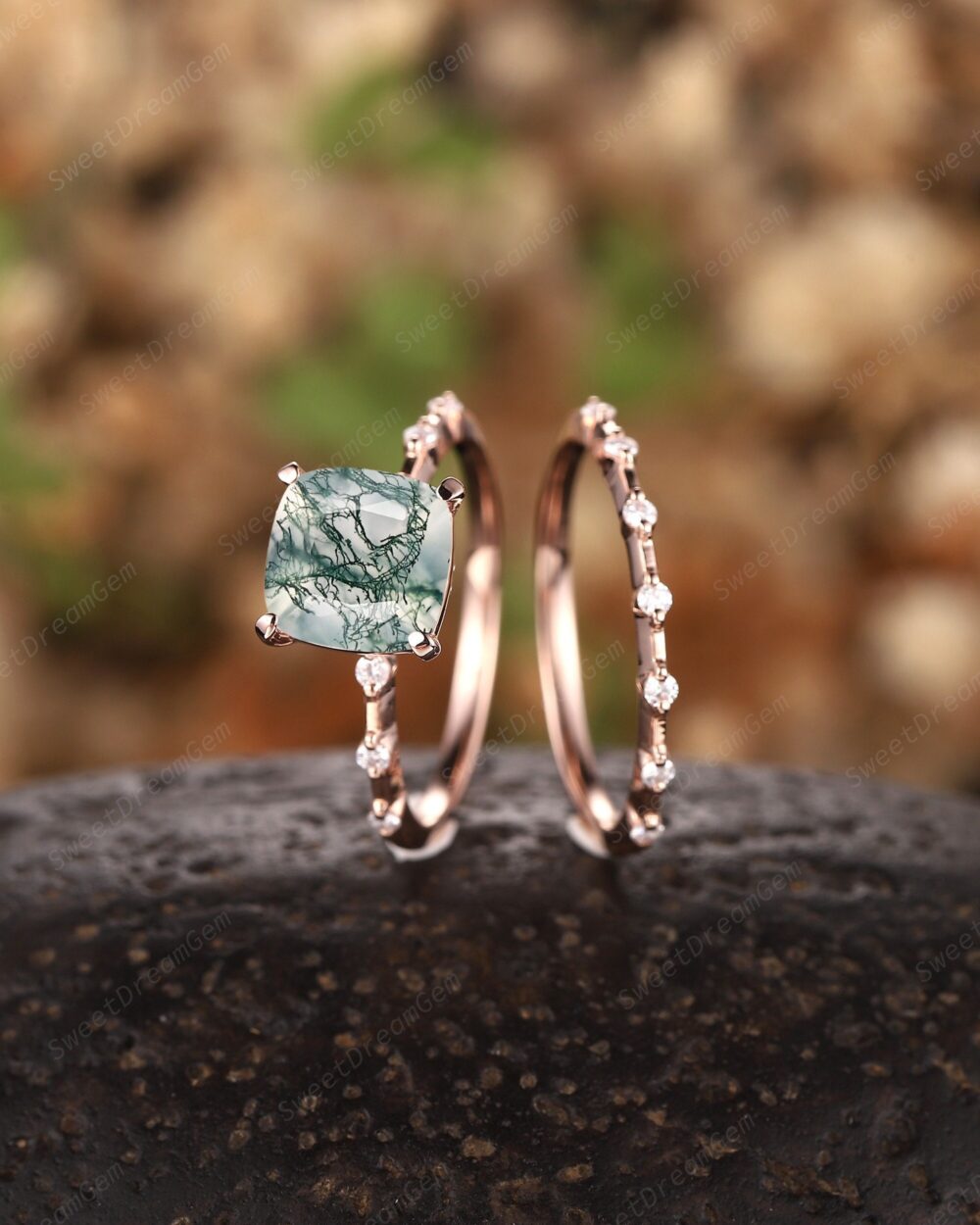 Cushion Cut Moss Agate Wedding Engagement Ring, Vintage 14K Gold Green Promise Anniversary Ring Set, Straight Moissanite Band