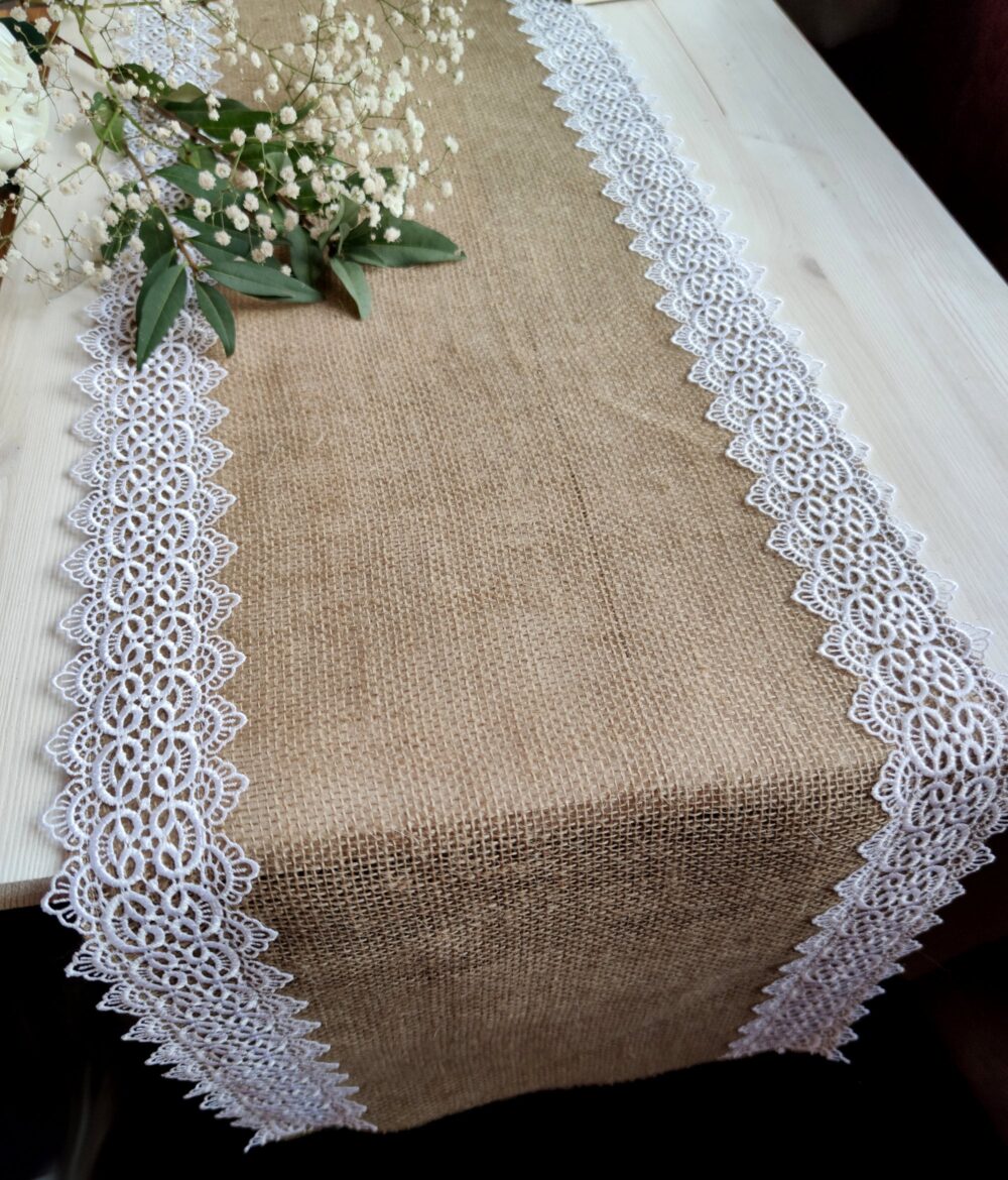 Jute Table Runner, Table Runner Burlap With White Lace, Wedding