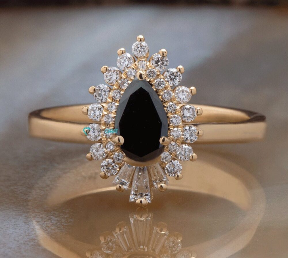 Black Diamond Engagement Ring, Gatsby Vintage Style Jewelry, Teardrop Art Deco