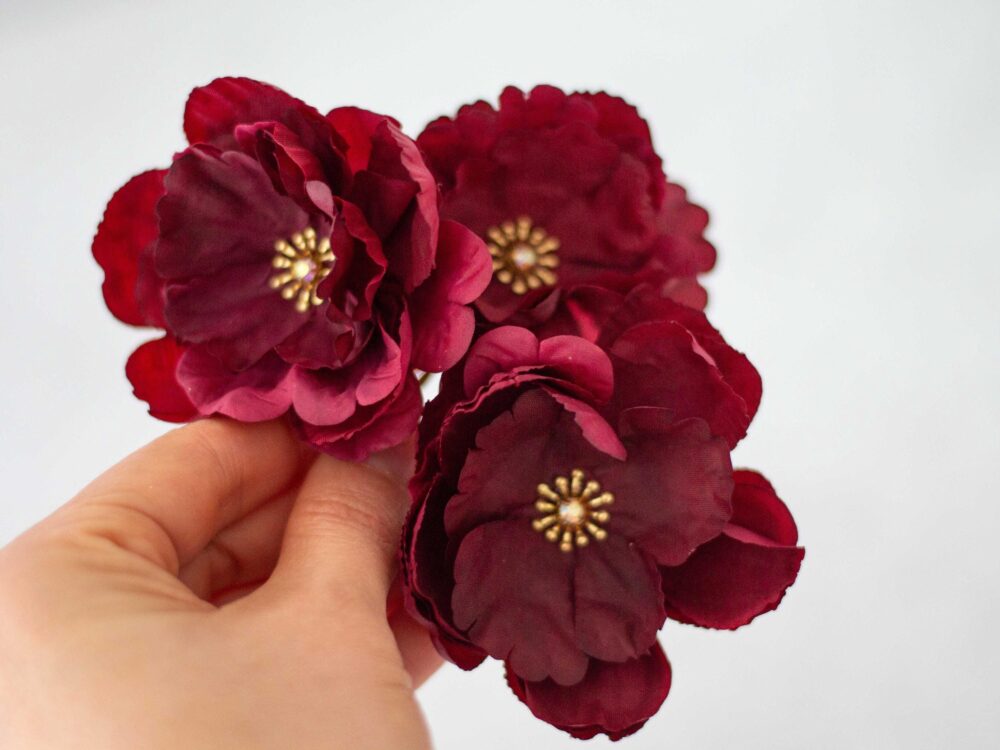 Burgundy Gold Flower Pins Wedding, Set Floral Hair Pins, Bobby Wedding Hairpin, Deep Red Bridesmaid Clip, Bridal Headpiece