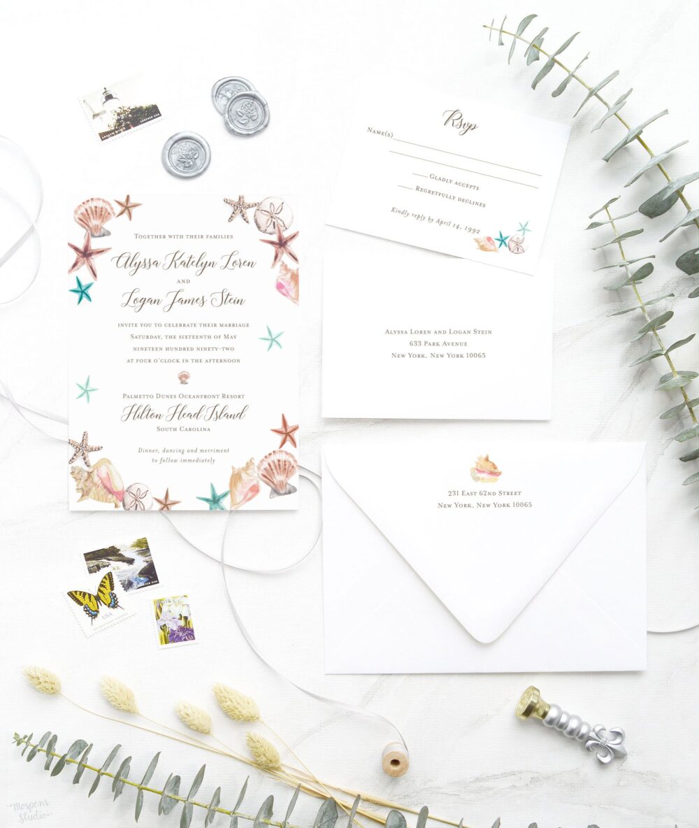 Beach Wedding Invitation - Seashell Invitations Seaside Watercolor Island Printed