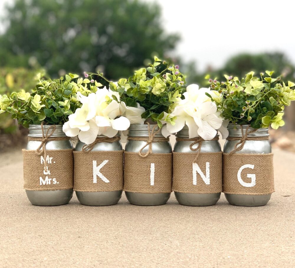 Personalized Wedding Decorations Rustic For Table, Outdoor Decor Burlap Mason Jars, Boho