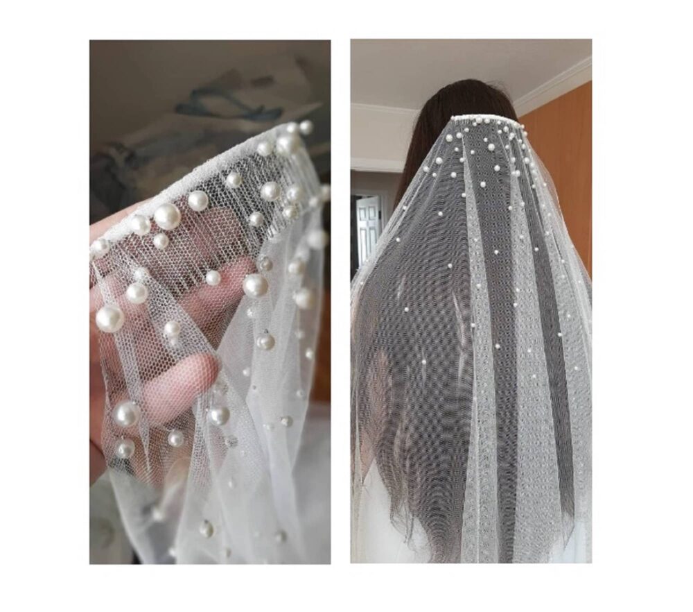 Wedding Veil With Pearls Fingertip Veil Comb Bridal Cathedral Pearl