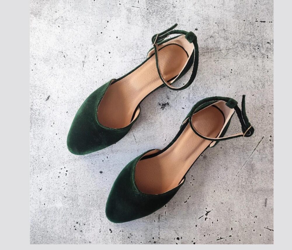 Green Velvet Women's Pointed Toe Shoes, Ballet Flats, Ankle Strap Closed Sandal, Dark V Cut Bridal Low Heel Pumps