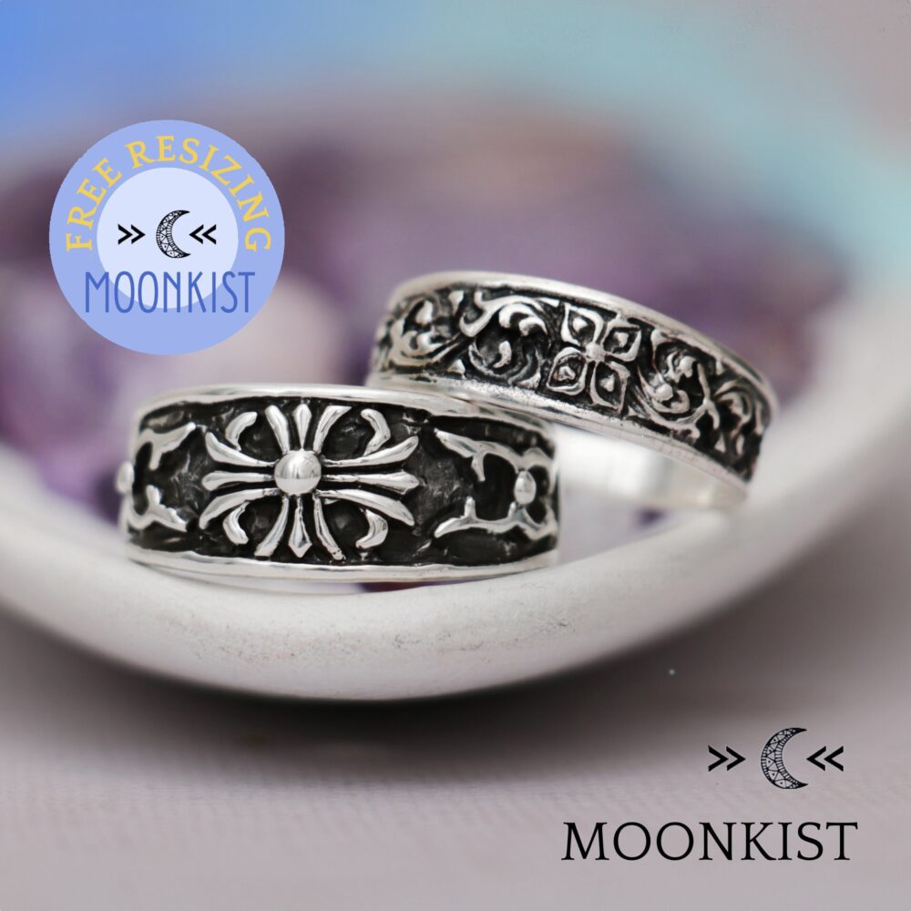 Medieval Cross Wedding Band Ring Set, His & Her Goth Antique Style Matching Couples Set | Moonkist Designs