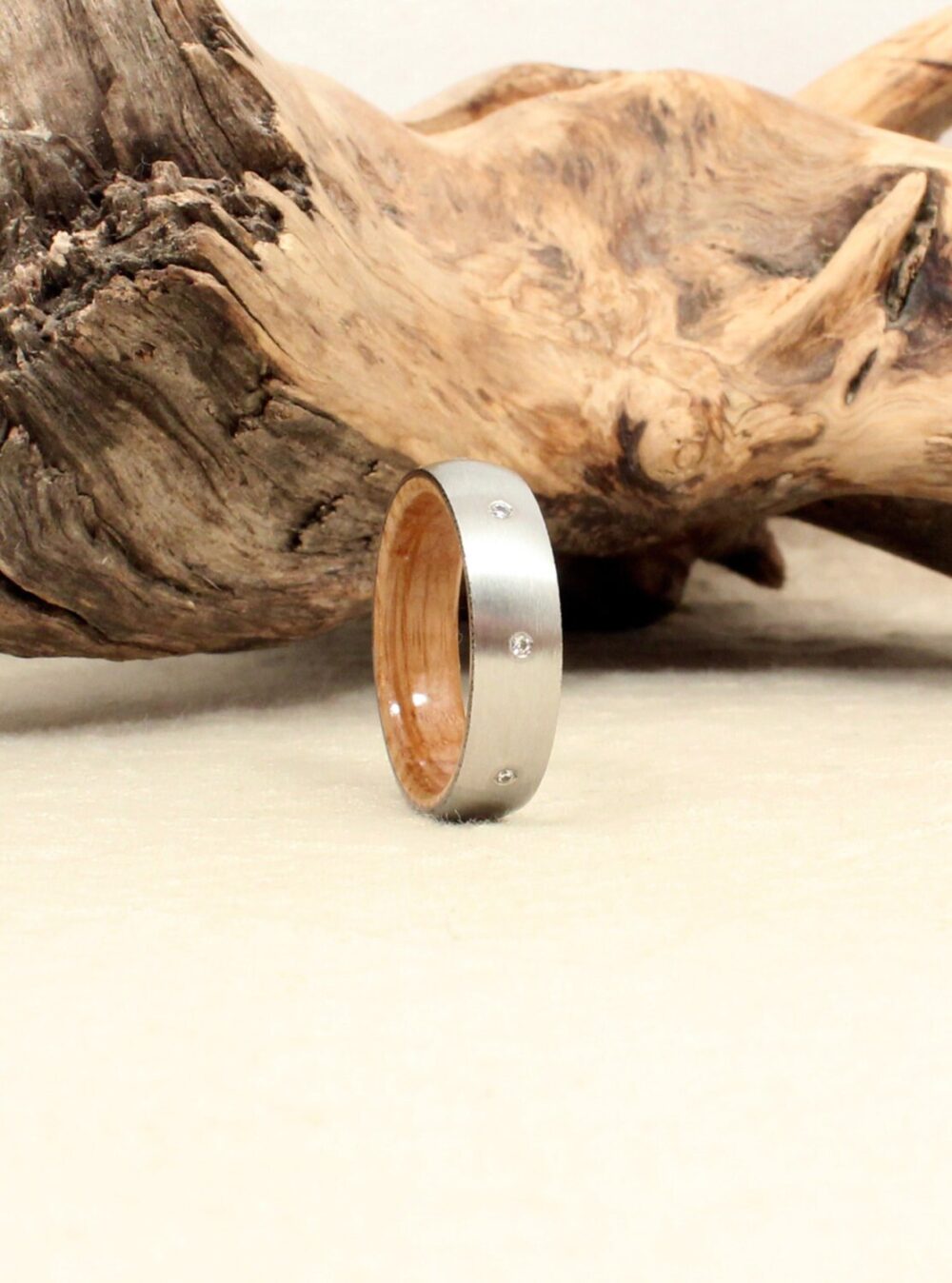 Eight Diamond Inlay Cobalt Wooden Ring Lined With Whiskey Barrel White Oak