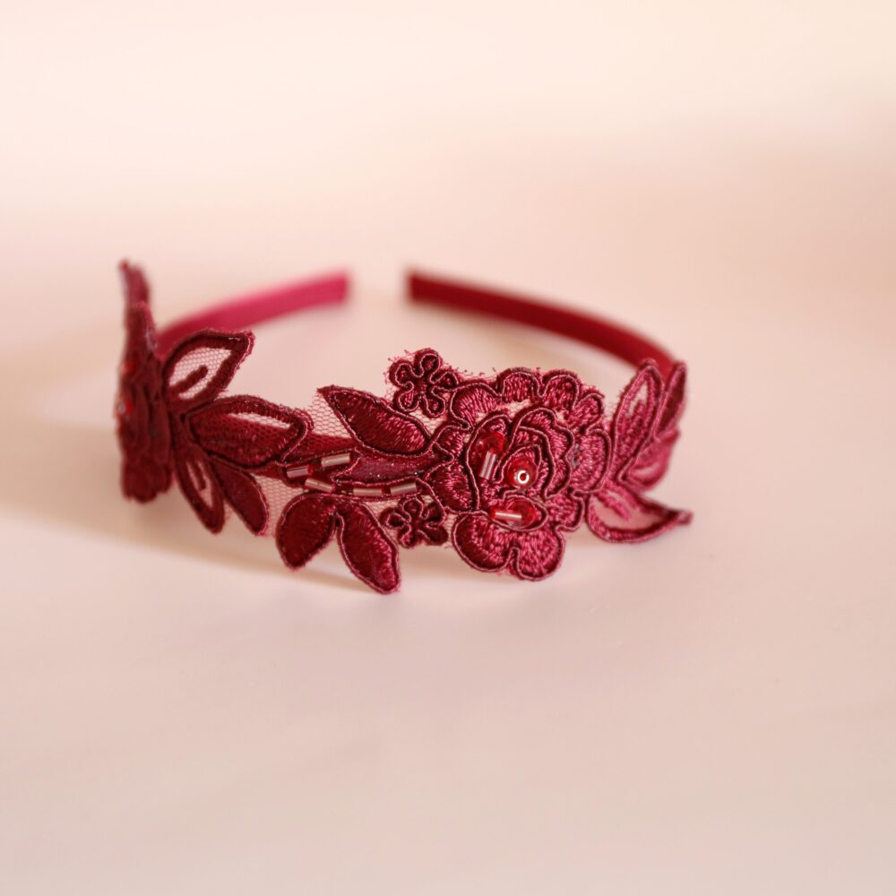 Flower Lace Headband, Burgundy Hairband, Wine Wedding Headband