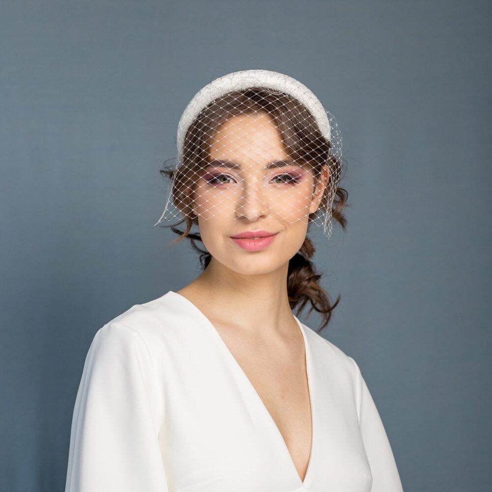 Wedding Moon Headband With Separately Veiling, Off White Puffy Handmade Silk Bridal Sequin Lace, Padded Alice Band