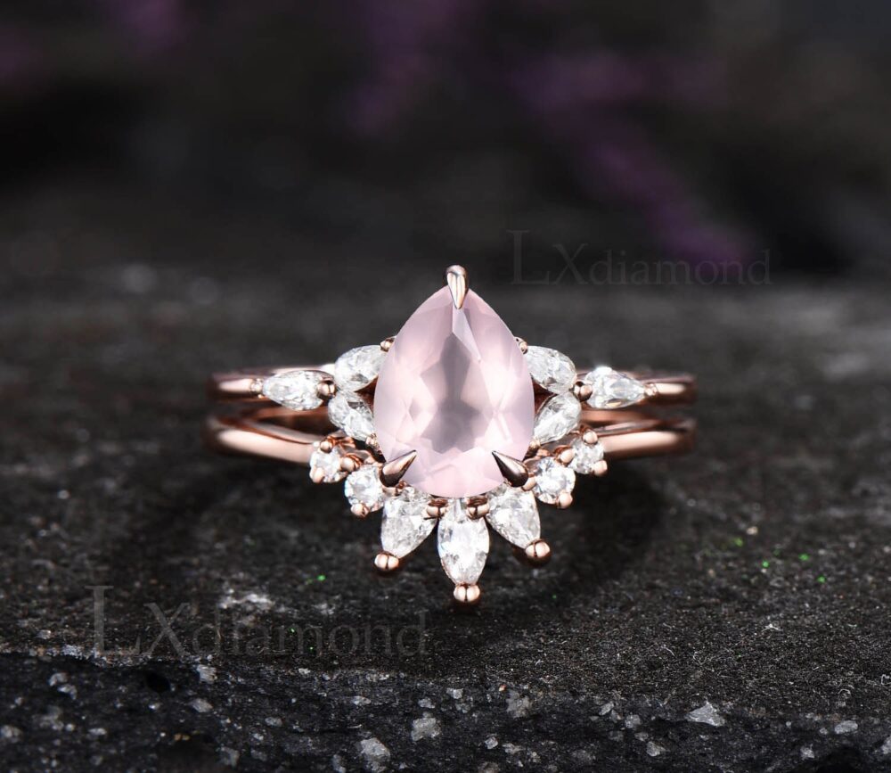 Rose Quartz Ring Pear Shaped Rose Engagement Set 925 Sterling Silver Simulated Diamond Dainty Crown Wedding For Women