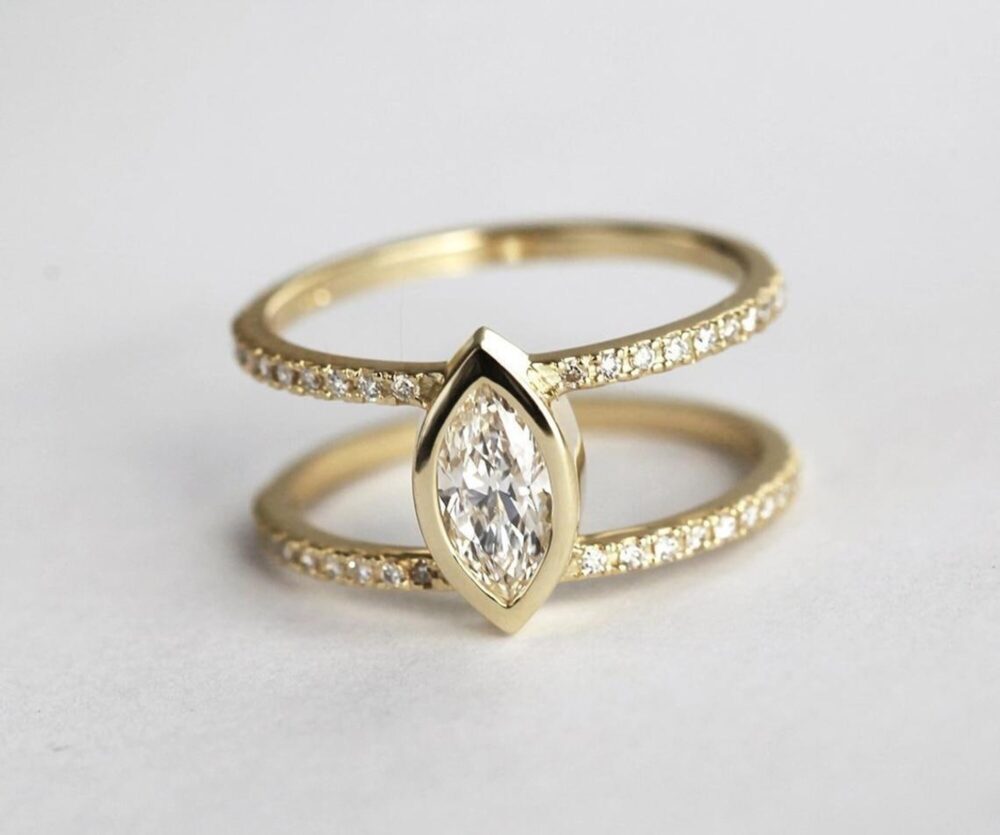 Double Band Bridal Ring, Marquise & Round Cut Moissanite Diamond Bezel Set Wedding Engagement Proposal Ring For Women's