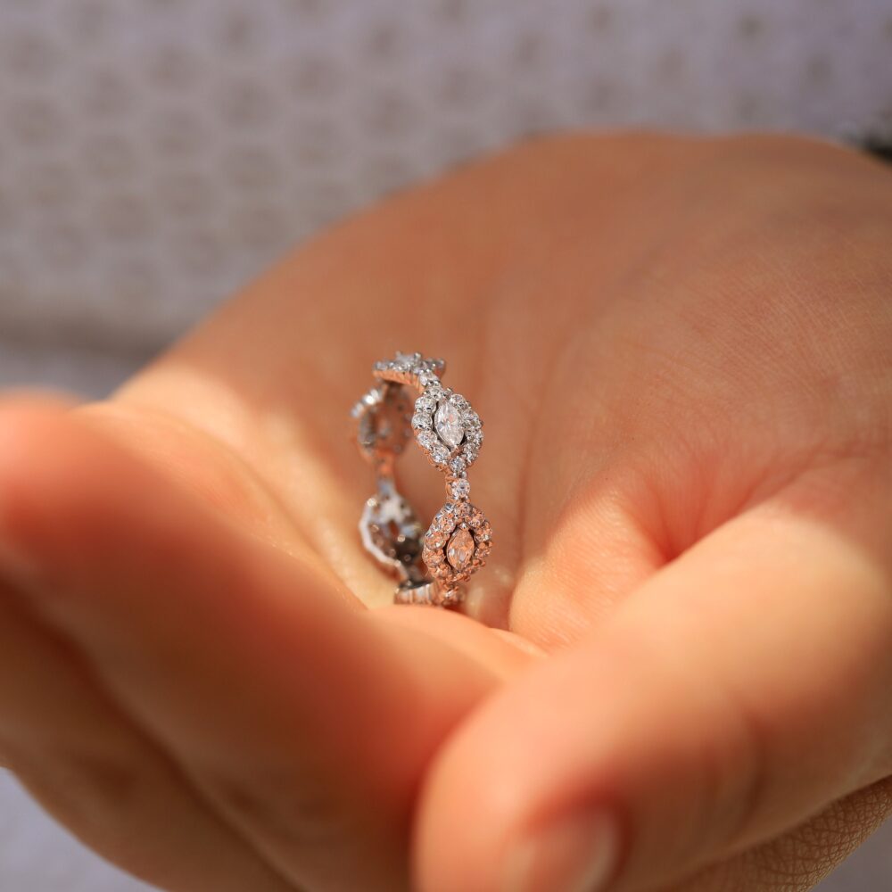 Marquise Halo Moissanite Eternity Band, Ring, in 14K White Gold Available Yellow & Rose Size 3-11