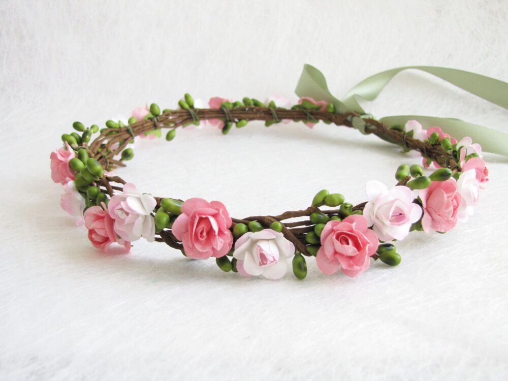 Blush Pink Floral Crown, Two Flower Color Headband, Ligt Wedding Bridesmaid Girls Headband