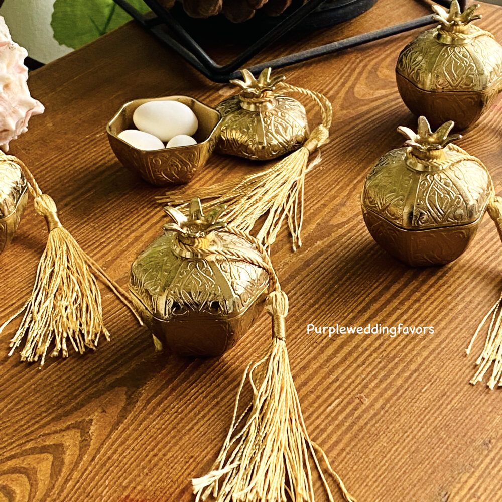 Gold Wedding Favors For Guests, Rustic Favors, Engagement Party Vintage Pomegranate Abundance Metal Box, Authentic Box