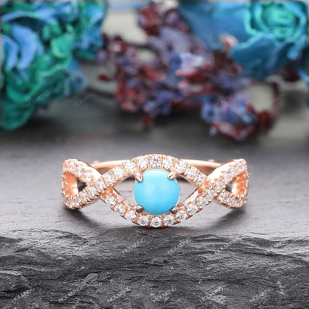 Cross Band Wedding Ring/ Round Cut 5mm Natural Turquoise Solid 14K Gold Antique Jewelry/ Art Deco Engagement Gorgeous Ring