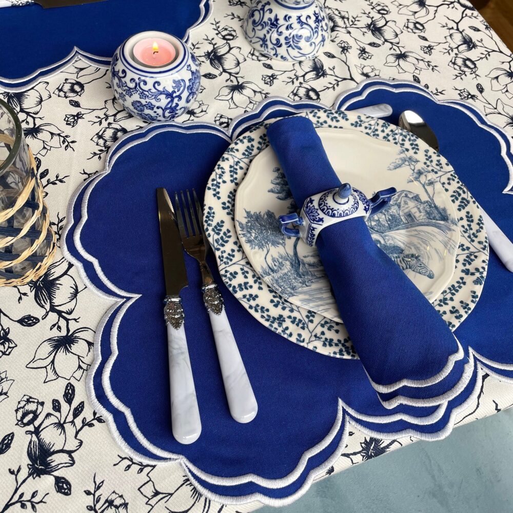 White Embroidered Dark Blue Cotton Placemats Napkins, Tablecloth, Table Cover, Farmhouse Wedding Events, Home & Living, Linens, Gifts