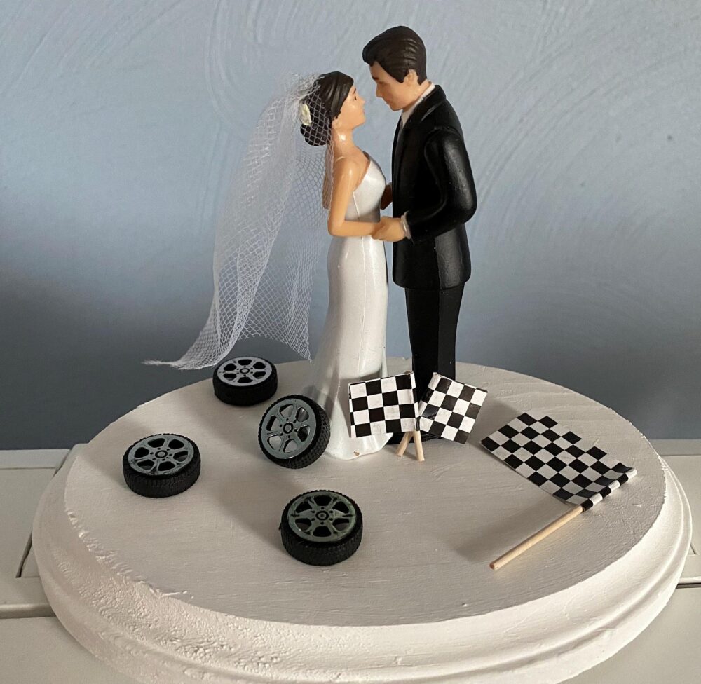 Race Car Drag Racing Flag Cake Topper Reception Wedding Day Bride Groom Funny Themed Hair Color Changed For Free