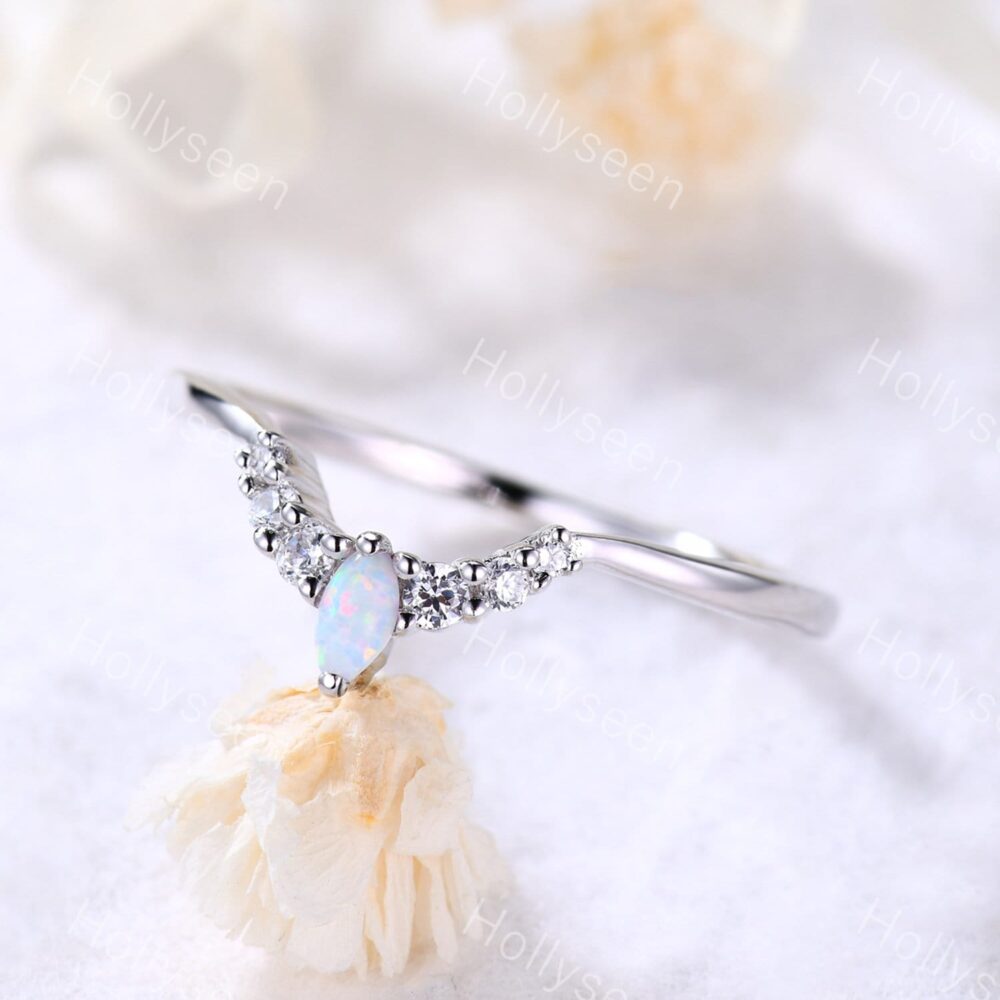 Opal Cz Diamond Wedding Band U Shaped Rose Gold Engagement Ring Curved Stackable Bridal Women Promise Anniversary