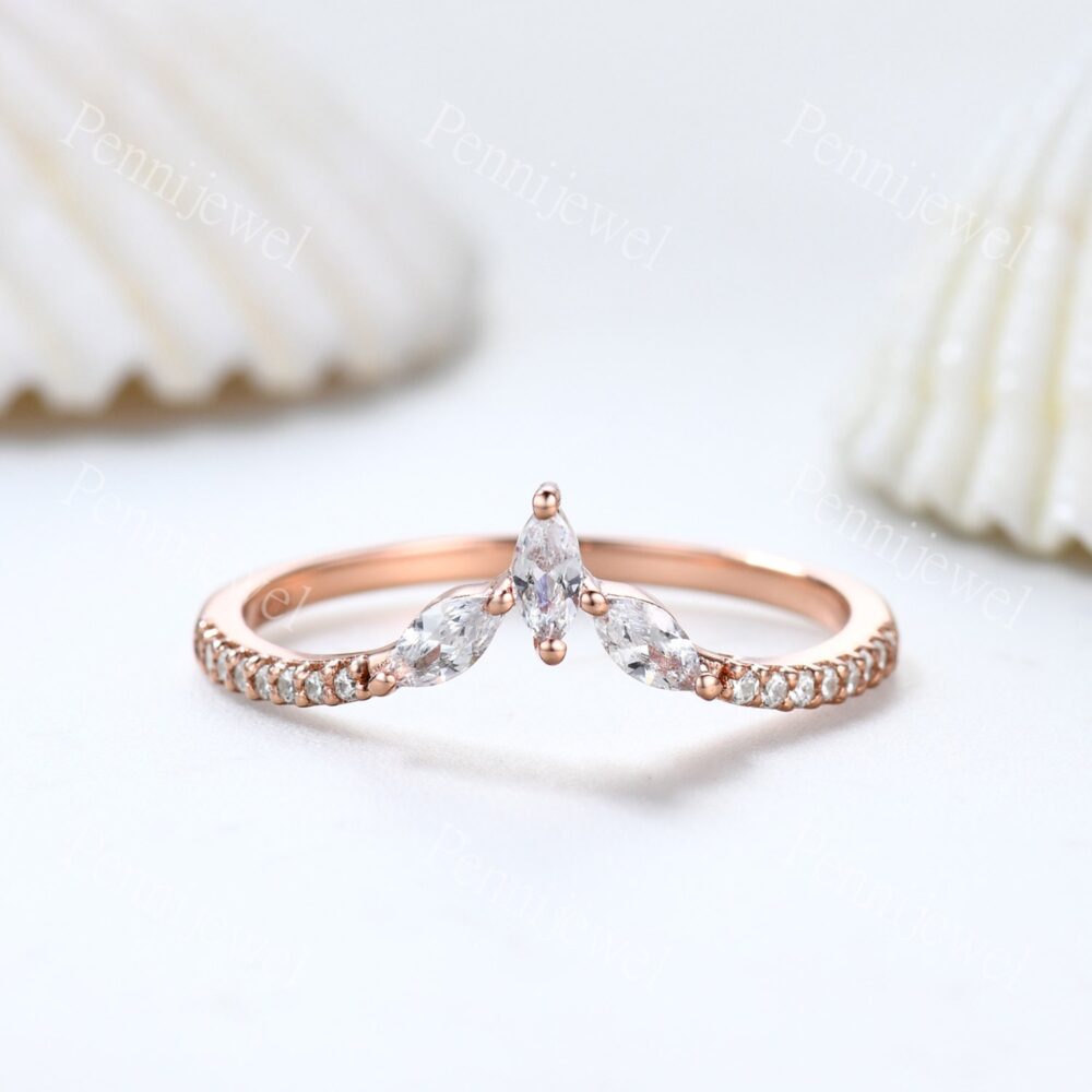 Moissanite Curved Wedding Band Rose Gold Engagement Ring Stacking Matching Marquise Shaped Leaf Branch