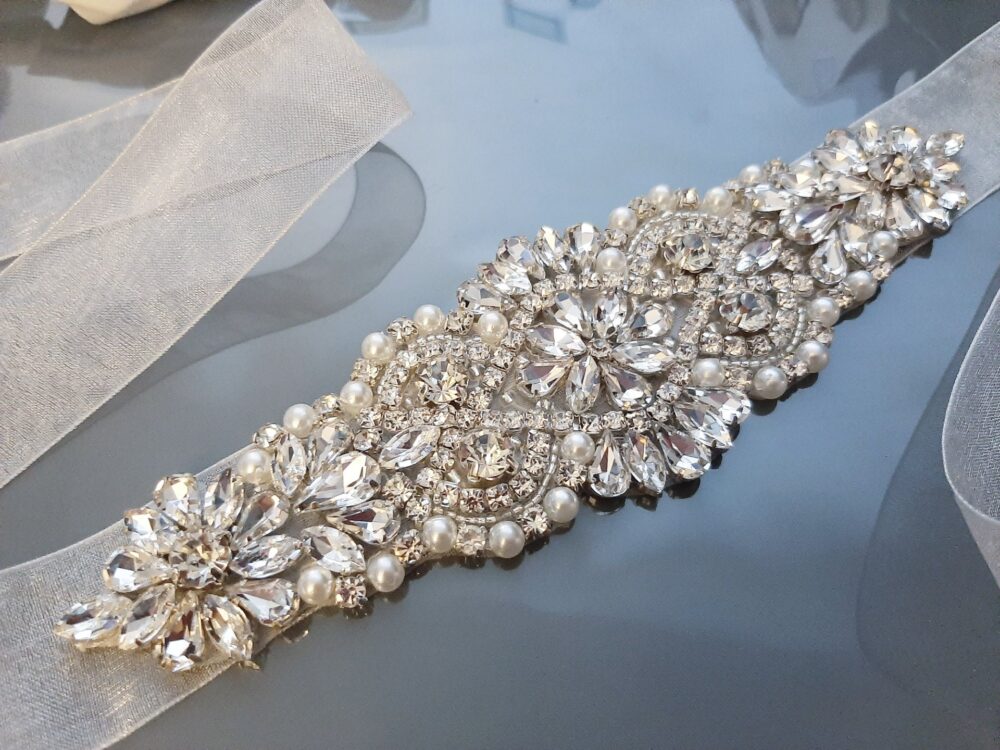 Wedding Belt, Sash Beaded Bridal Jewel Belts & Sashes, Rhinestone Bridesmaid Pearls White Organza Belt For Dress