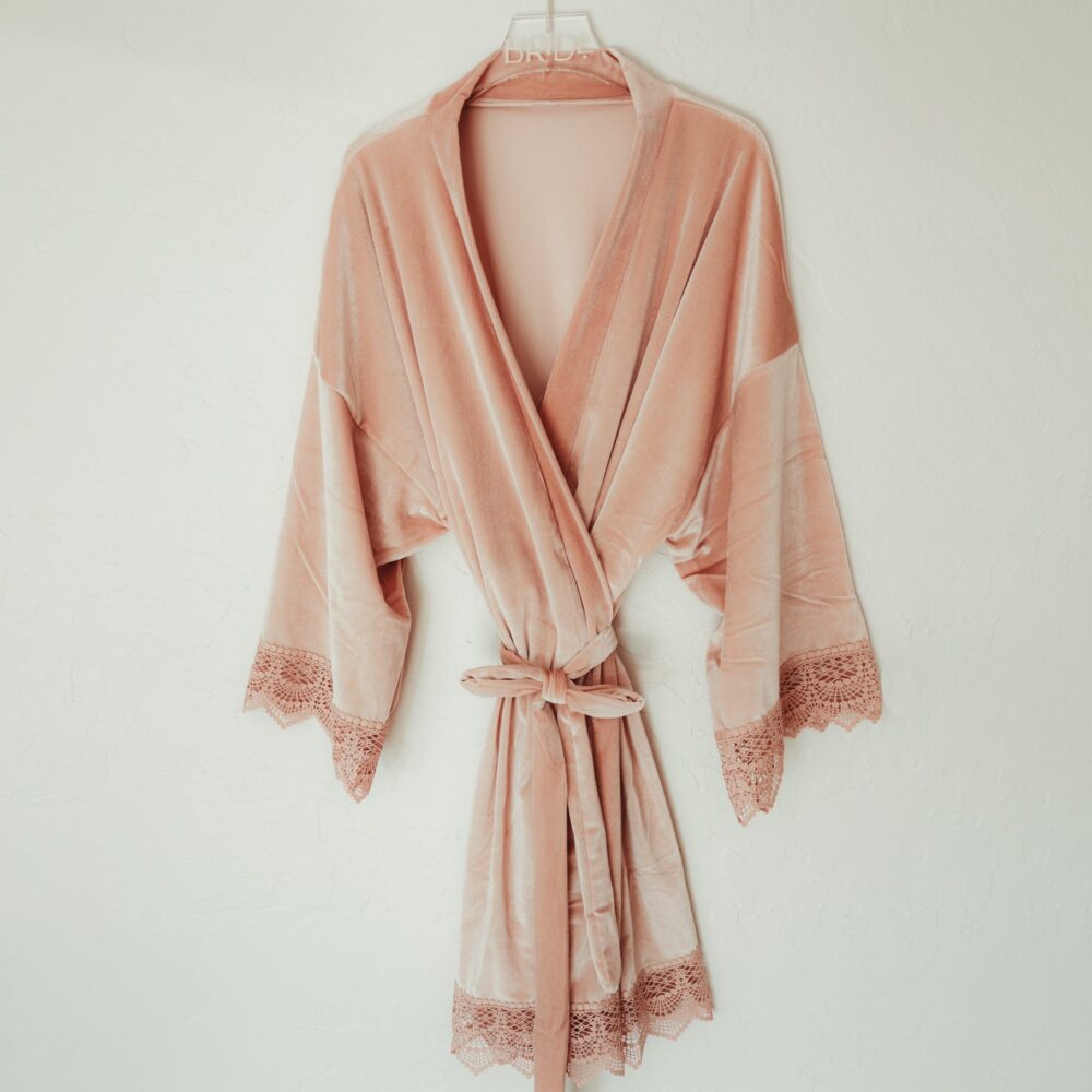 Lace Bridal Robe in Velvet For Party, Bridesmaid Proposal Gift Getting Ready At The Wedding, Blush