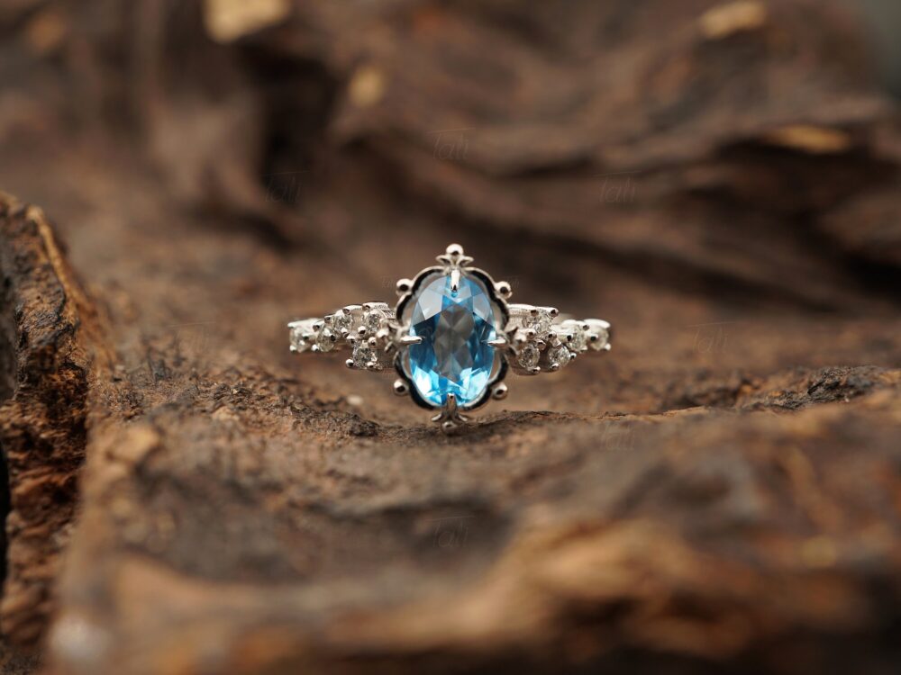 Unique Blue Topaz Engagement Ring, Vintage Solid Gold Diamond Moissanite Proposal Dainty Bridal Statement Ring
