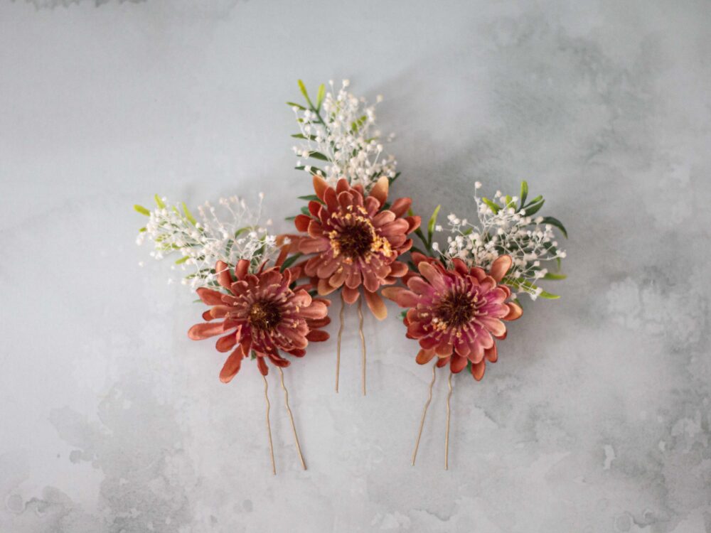 Brown Flower Pins Wedding, Meadow Floral Hair Pins, Rustic Bobby Bohemian Bride Bridesmaid Clip, Boho Bridal Headpiece