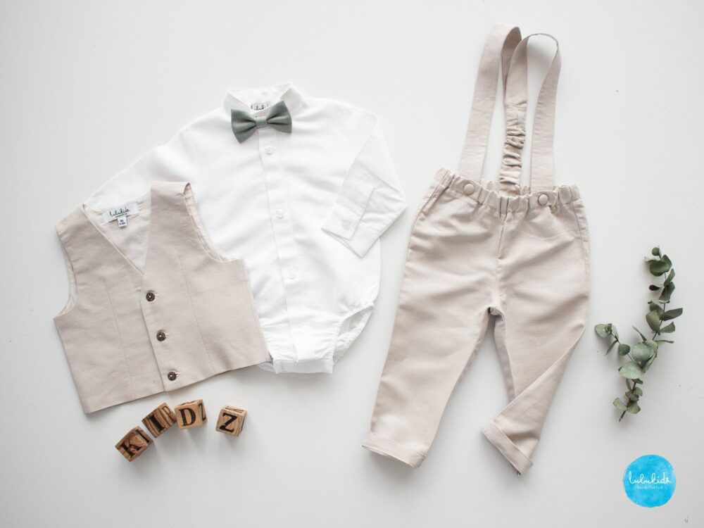 Toddler Ring Bearer Vest Outfit, Wedding Page Boy Outfit Suit, Boys Linen Pants With Waistcoat - 2Pcs Outfit Suspender +