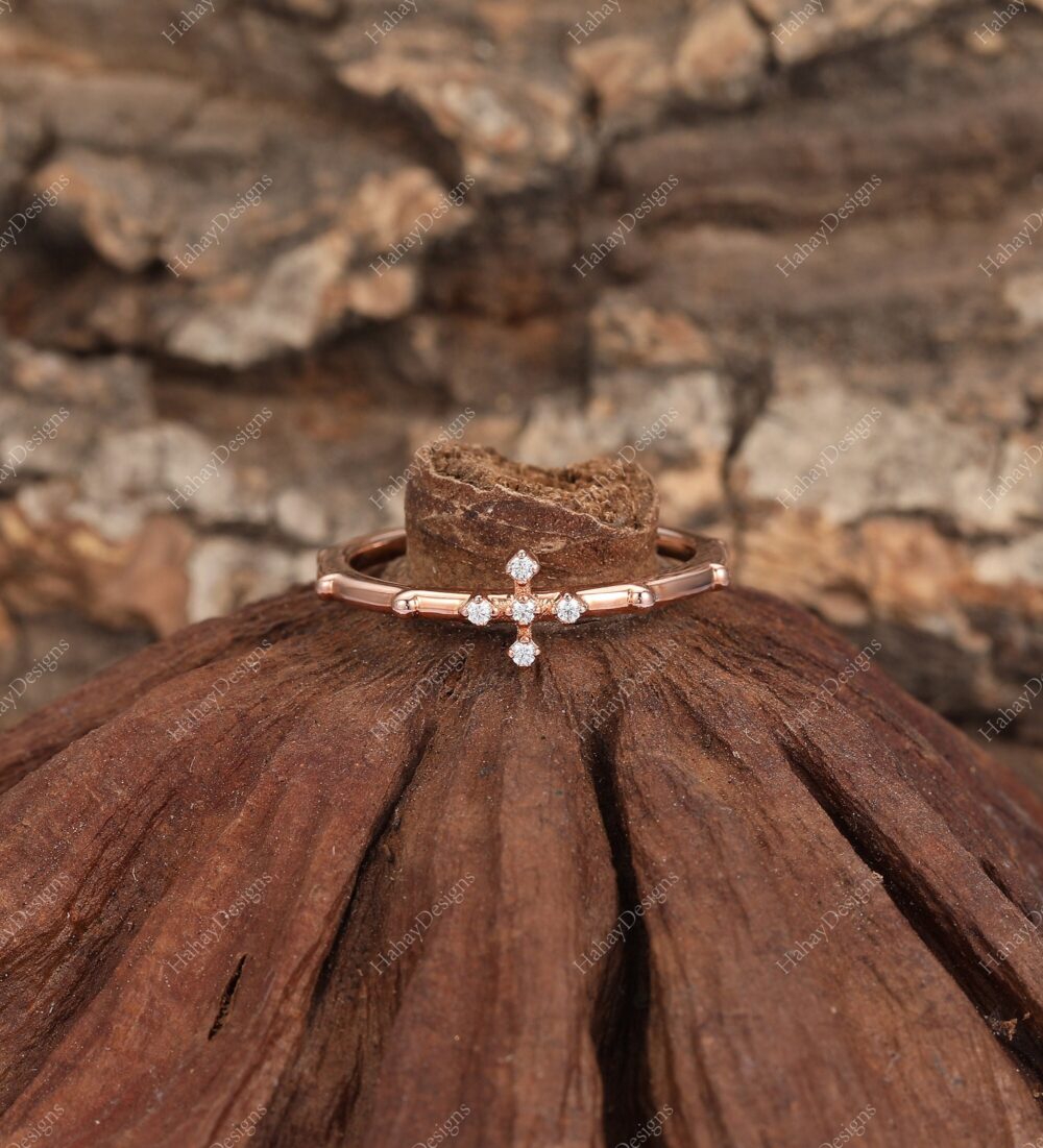 Vintage Wedding Band/ Gold Cross Ring/ Everyday Jewelry/ 14K Rose Stackable Dainty Diamond Women Promise Band Ring