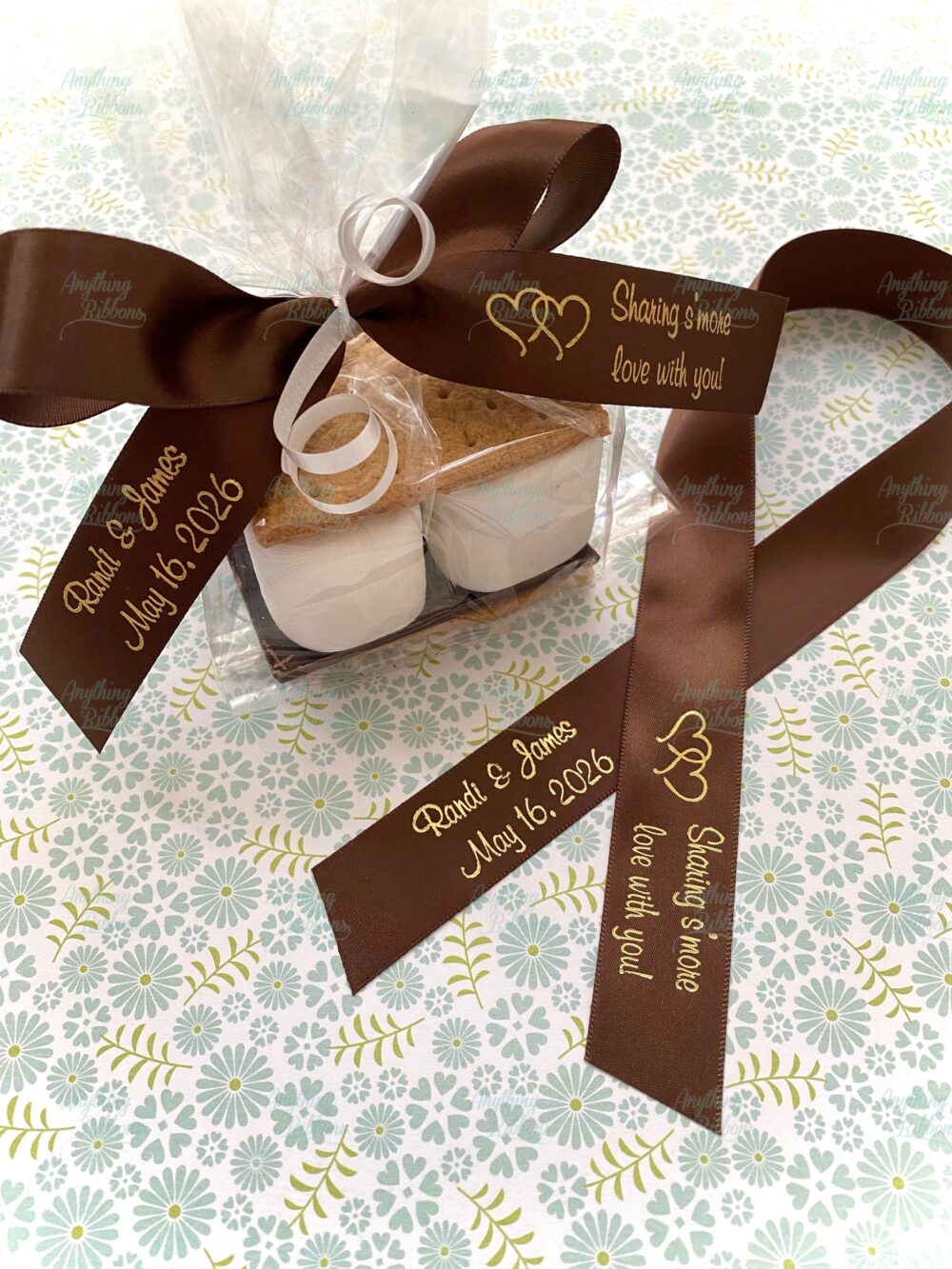 Sharing S'more Love Gold Personalized Wedding Favor Ribbon Custom 7/8 Inch Satin Favor Ribbon