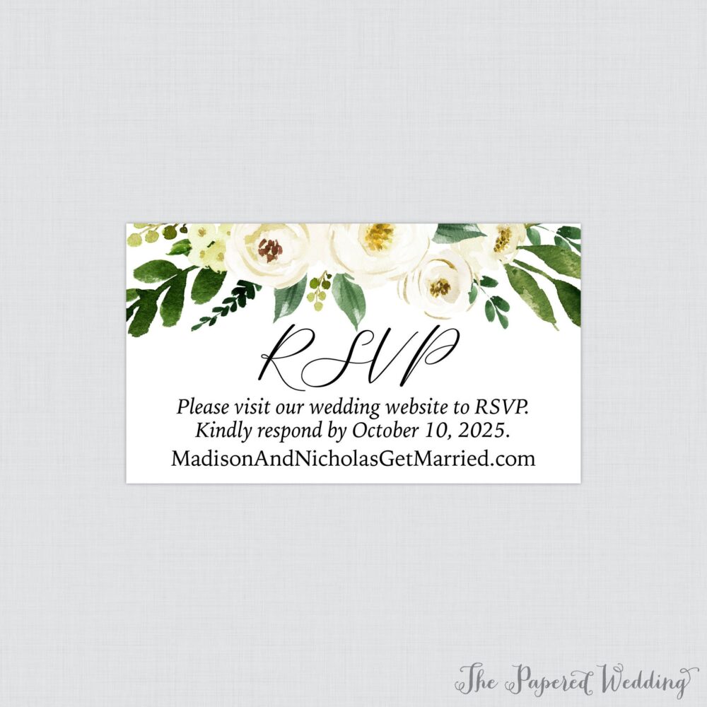 Printable Or Printed Wedding Website Cards With White Flowers - Green & Floral Invitation Inserts, Small Detail 0020