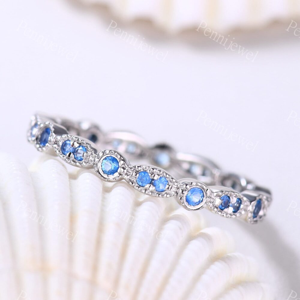 White Gold, Full Eterniry Swiss Blue Topaz Wedding Band, Milgrain Band, Swiss Stacking Matching Ring, Birthday Gift, Promise Ring