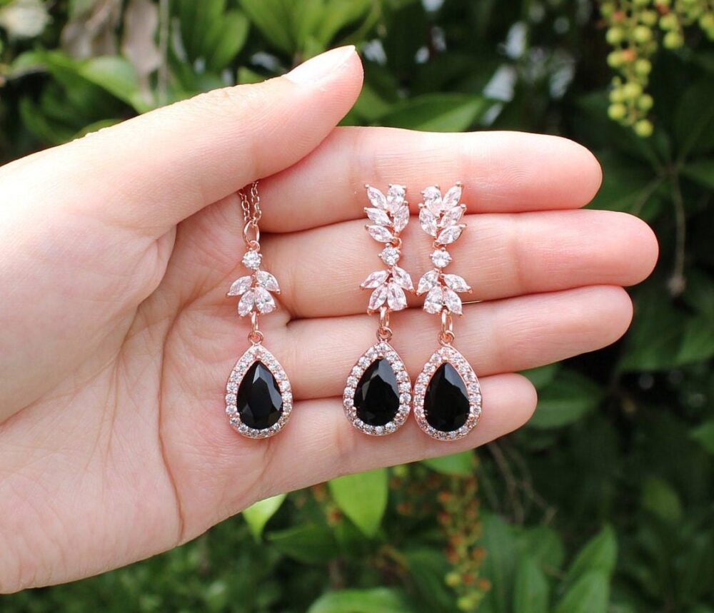 Custom Black Bridesmaids Earrings Bracelet Necklace Bridesmaids Gifts Rose Gold Wedding Jewelry Set Black Bridal Party Xy1