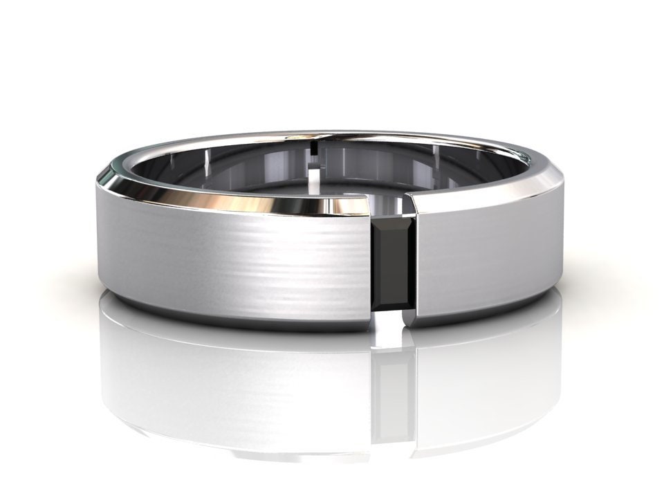 Mens Black Diamond Wedding Band, Solid White Gold, Ring, Promise 6mm Brushed Finish Center, Unisex, April Birthstone