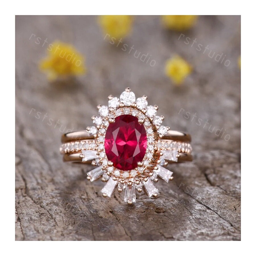 Ruby Engagement Ring Set 14K Yellow Gold, Vintage Ruby Rings For Women, Crown Band Stackable Ring, Antique Jewelry Anniversary