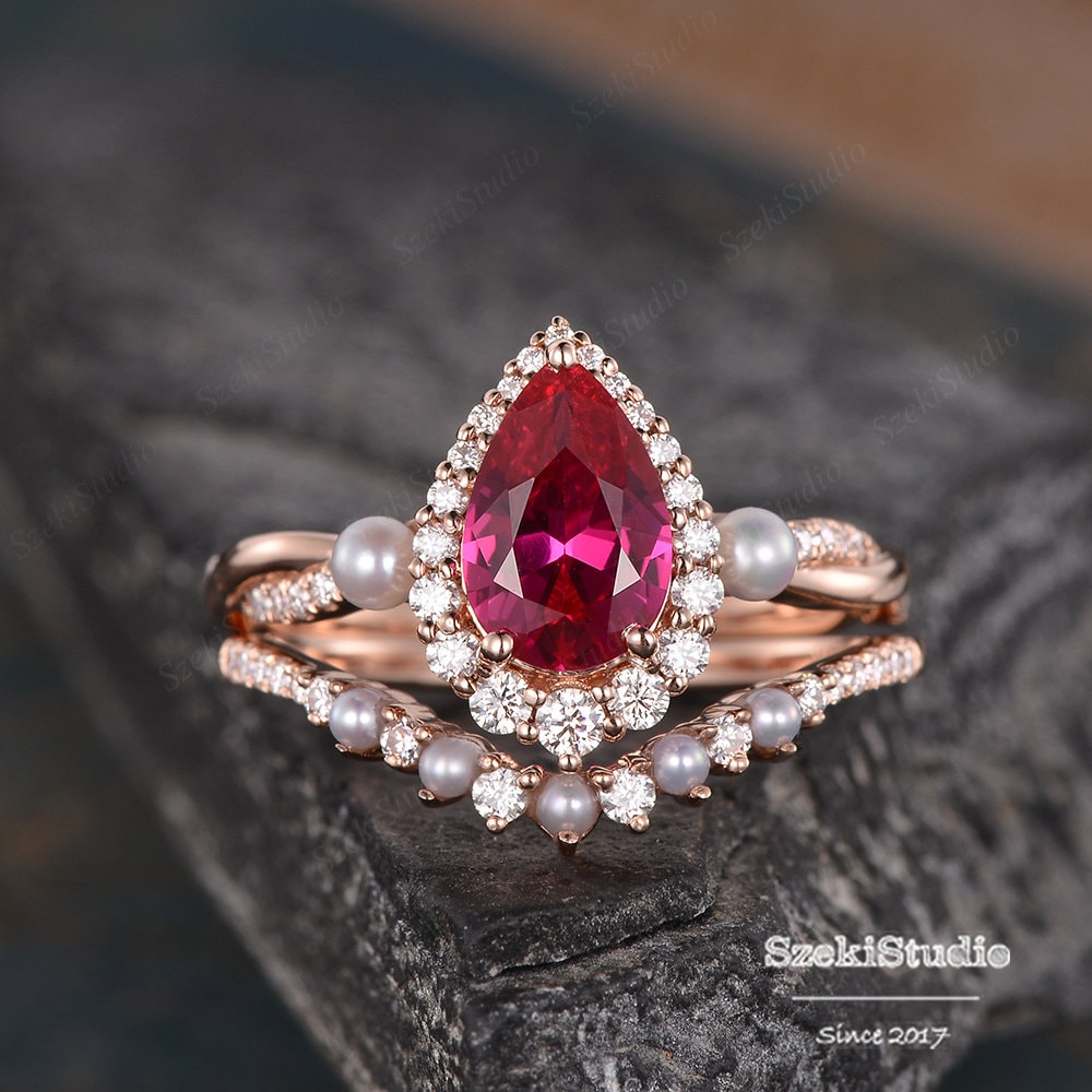 Pearl Ruby Engagement Ring Set Rose Gold Women Pear Shaped Lab Bridal Halo Infinity Diamond Wedding Jewelry 2