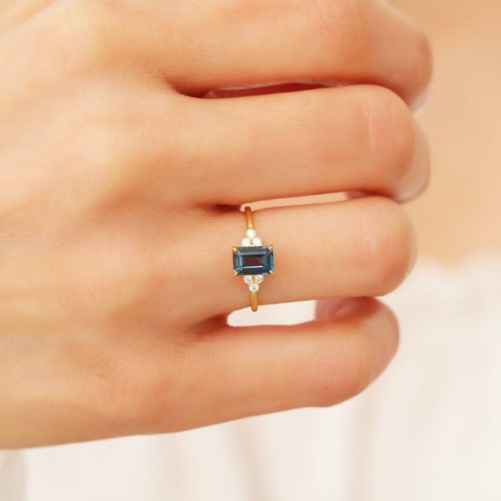 14K Natural London Blue Topaz Engagement Ring, Promise Ring Gold, Dainty Wedding Proposal