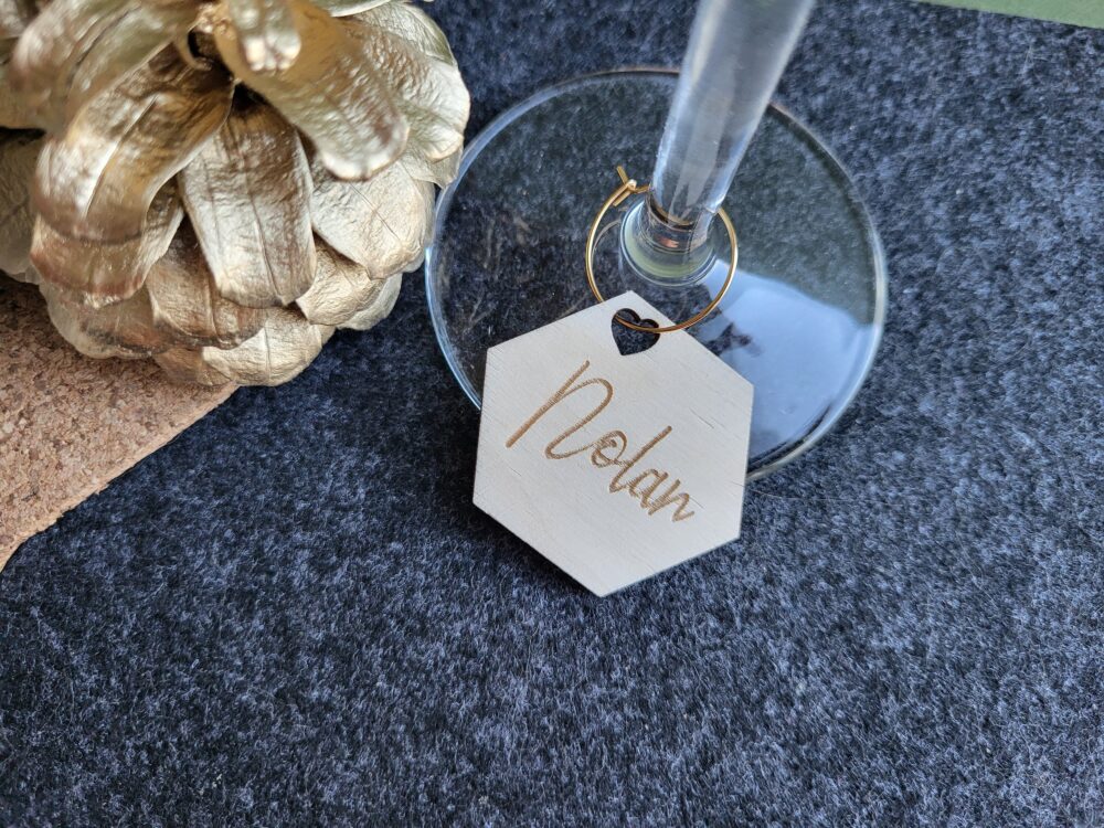 Personalized Wine Charms, Wedding Hexagon Charm, Table Decor, Guest Names, Wooden Wine Favor, Eco