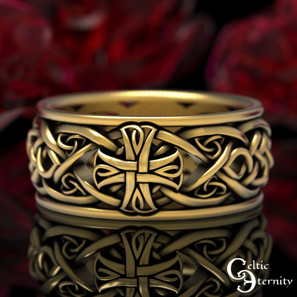 Gold Celtic Cross Ring, Mens 14K 10K Wedding Irish Band, 1856