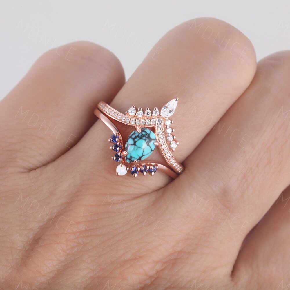 Turquoise Engagement Ring, December Birthstone Vintage Rose Gold Wedding Ring Set, Blue Sapphire Stacking Band, Promise Bridal Set
