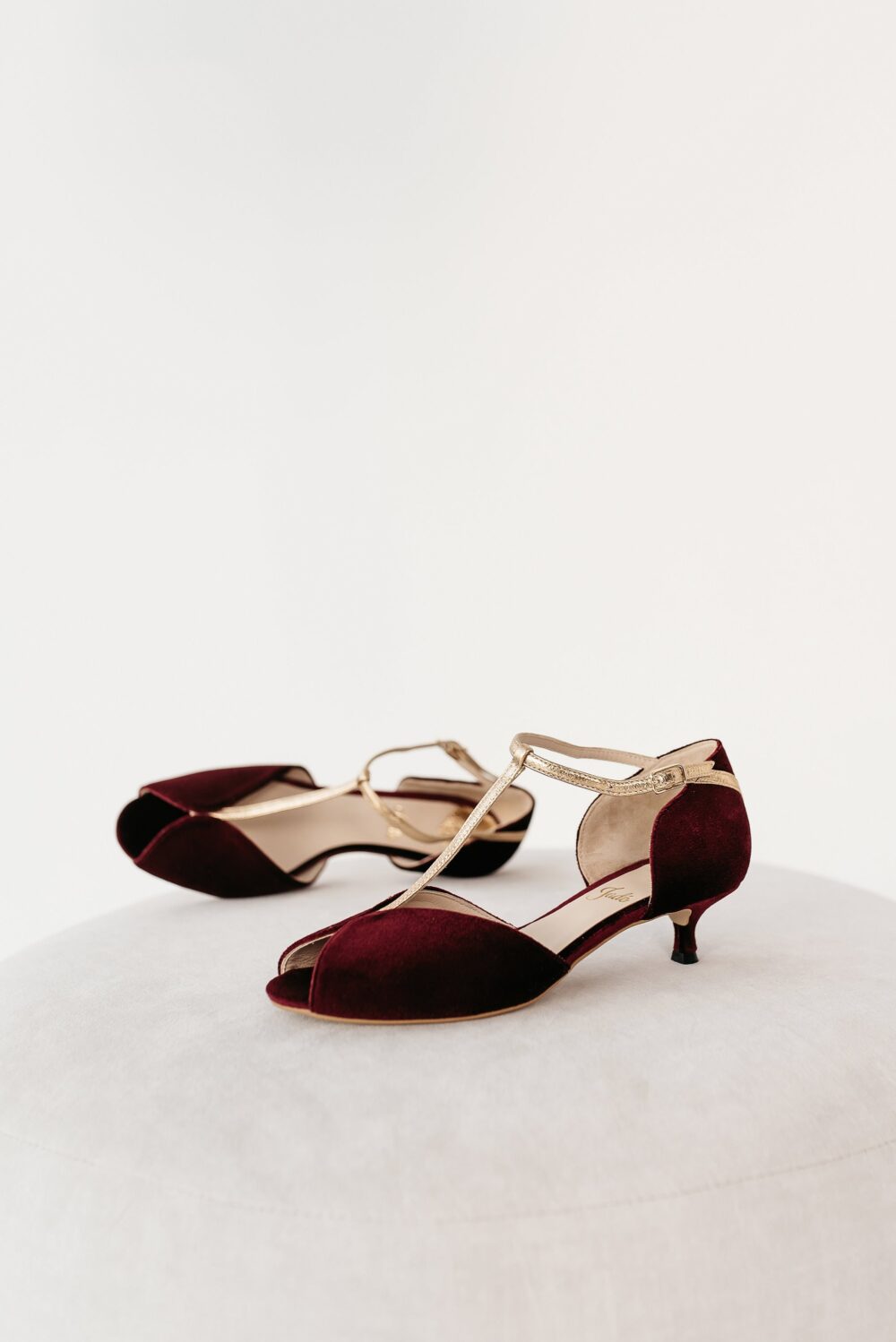 Dark Red Bridal Shoes With Golden T-Strap, Vintage Wedding Heels Low Pointy Kitten Heel & Peep Toe, Retro Ankle Strap
