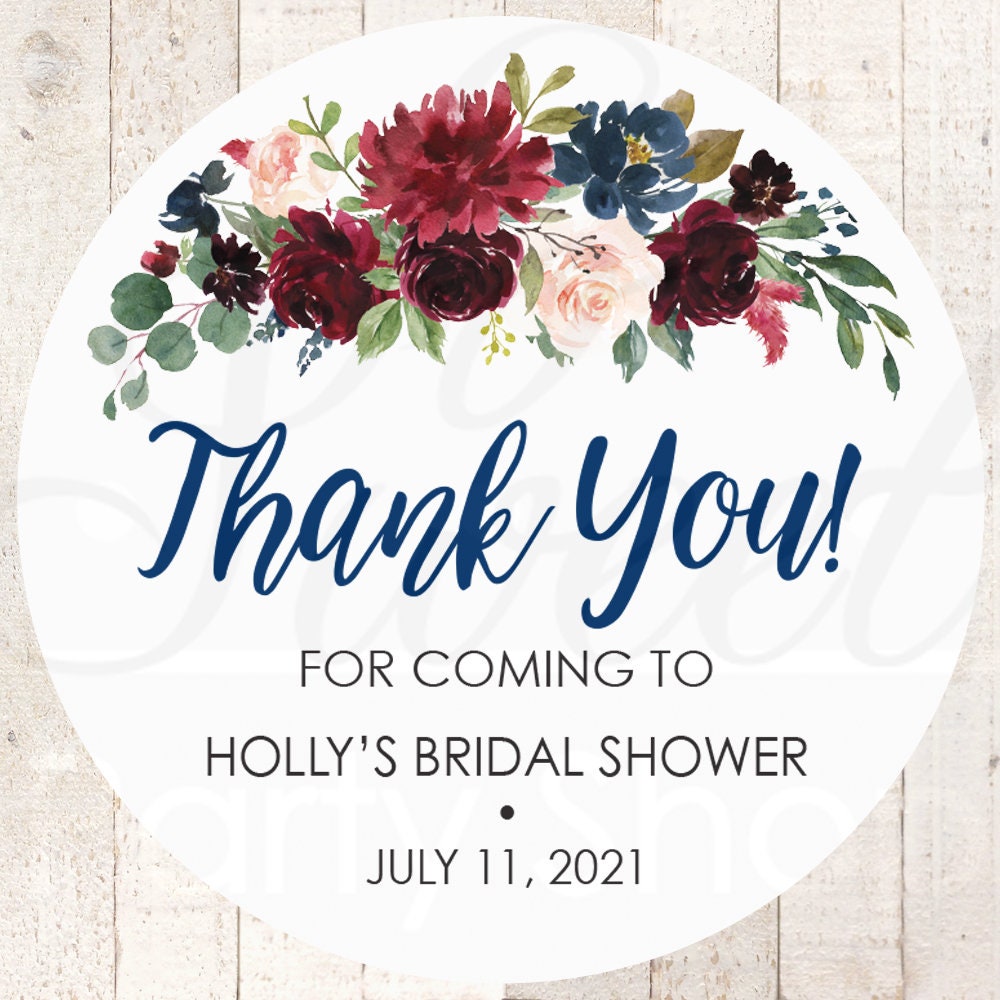 Wedding Favor Stickers, Thank You Sticker Labels, Bridal Shower Favors Burgundy Navy Blue Floral - Set Of 24