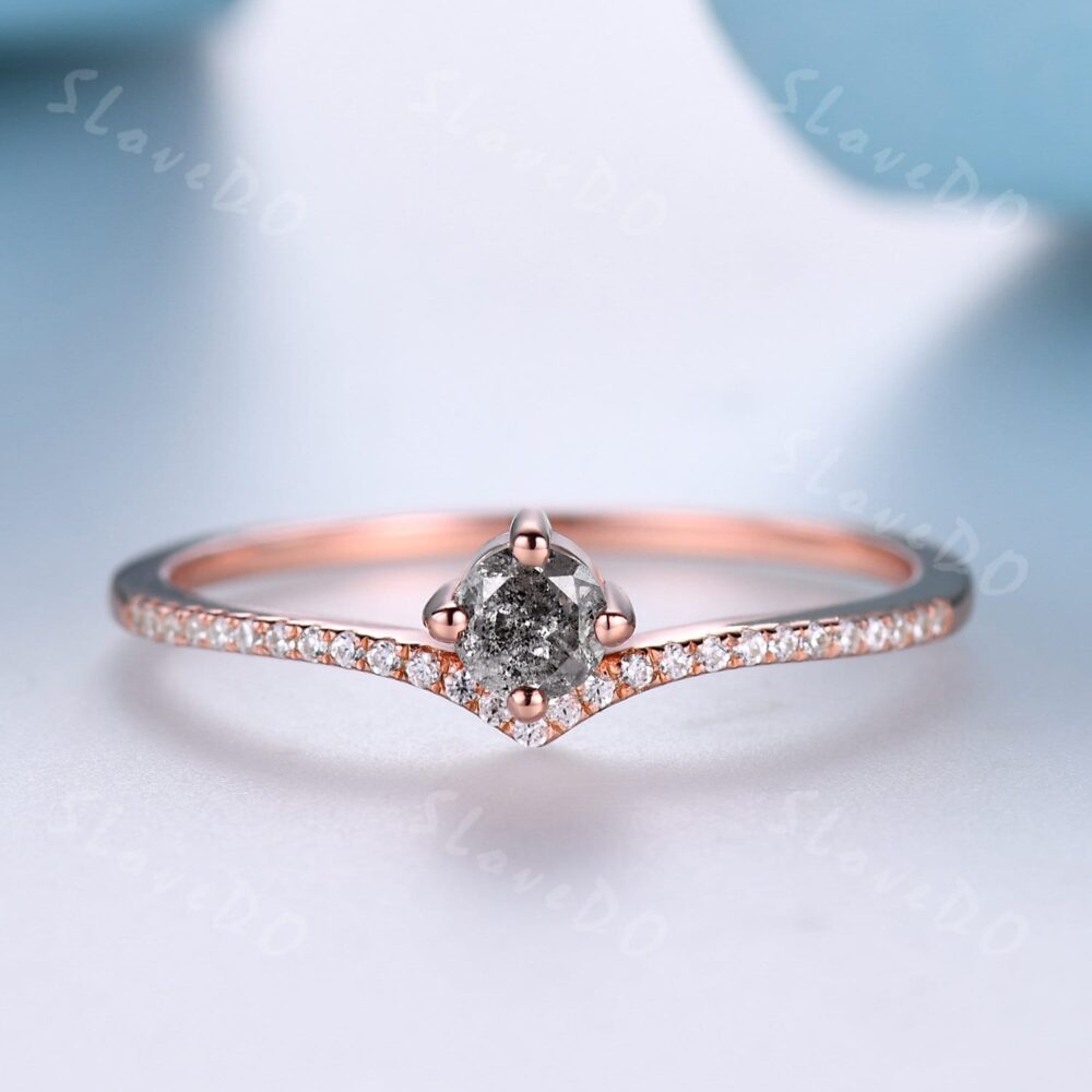 Dainty Salt & Pepper Diamond Ring, Art Deco Wedding Band, Rose Gold Engagement Ring, Natural Ring, Minimalist Ring, Ring Gift For Her