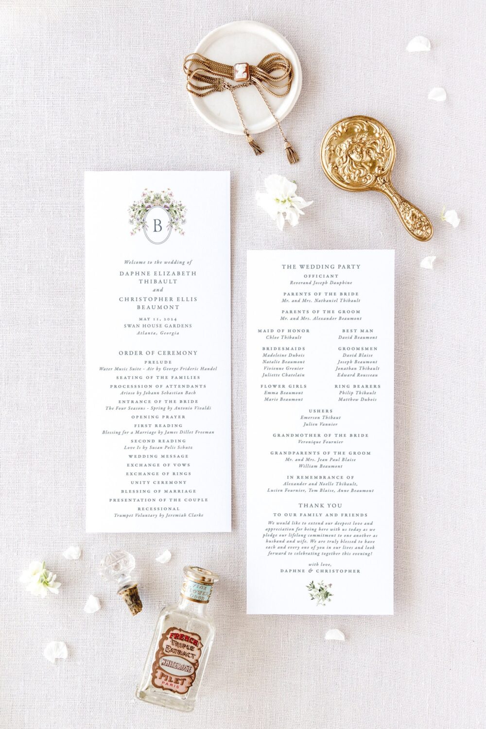 Daphne | Printed Wedding Program With Monogram, Modern Programs Printable, Elegant Ceremony Program, Order Of Service