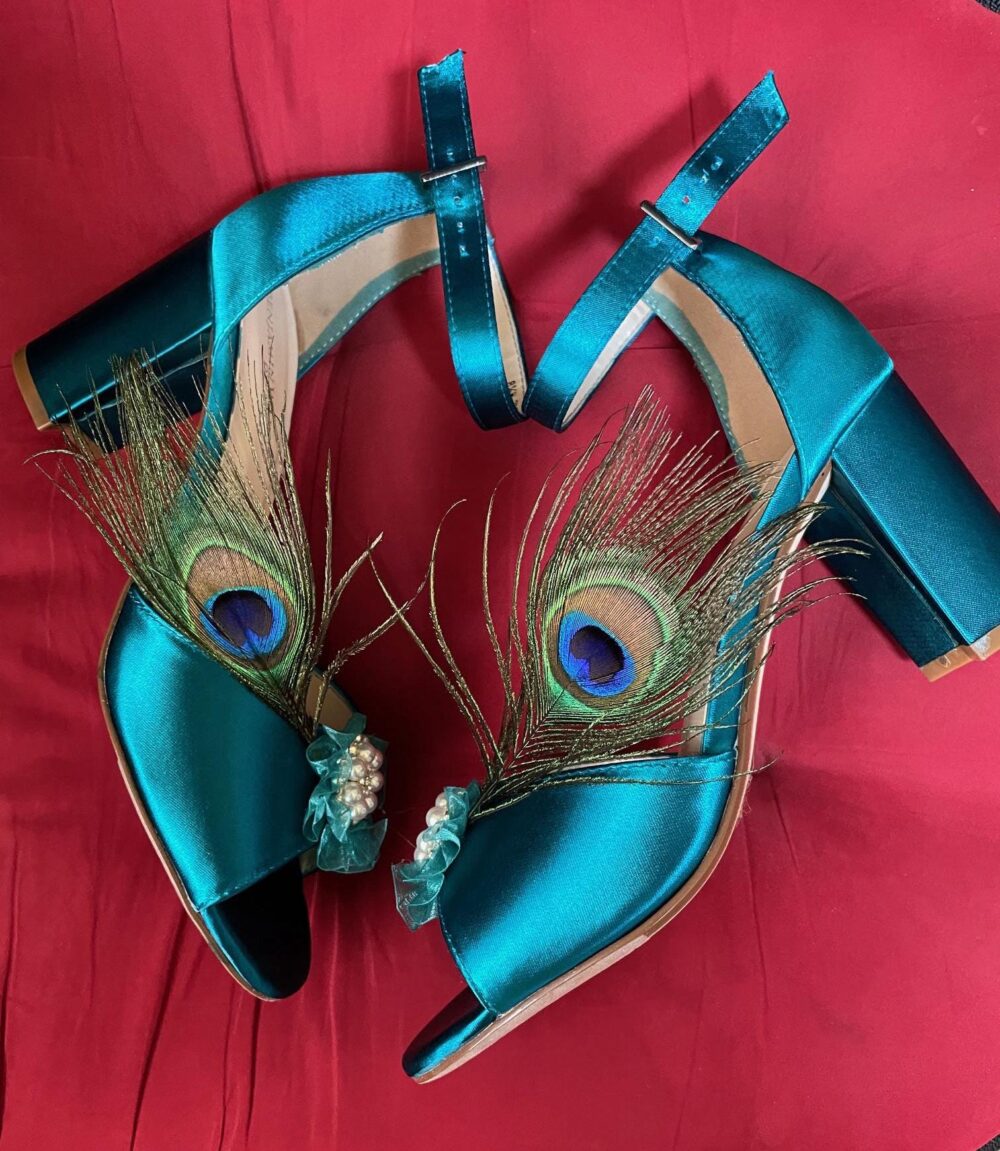 Teal Peacock Wedding Shoes, Satin Shoes Mob Bridesmaids Prom, Feather Block Heel Wedding Peacock M & W Width