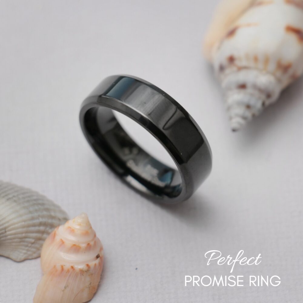Minimalist Black Stainless Steel Band Ring, Beveled Edge Mens Wedding Band, 8mm Matte | Perfect Promise Ring