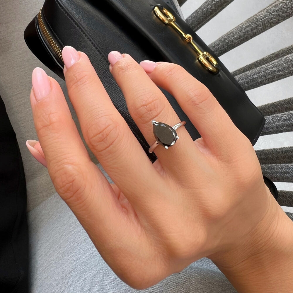Elegant 3.65 Carat Pear Shape Black Diamond Engagement Ring, Big Solitaire Promise Ring 14K White Gold